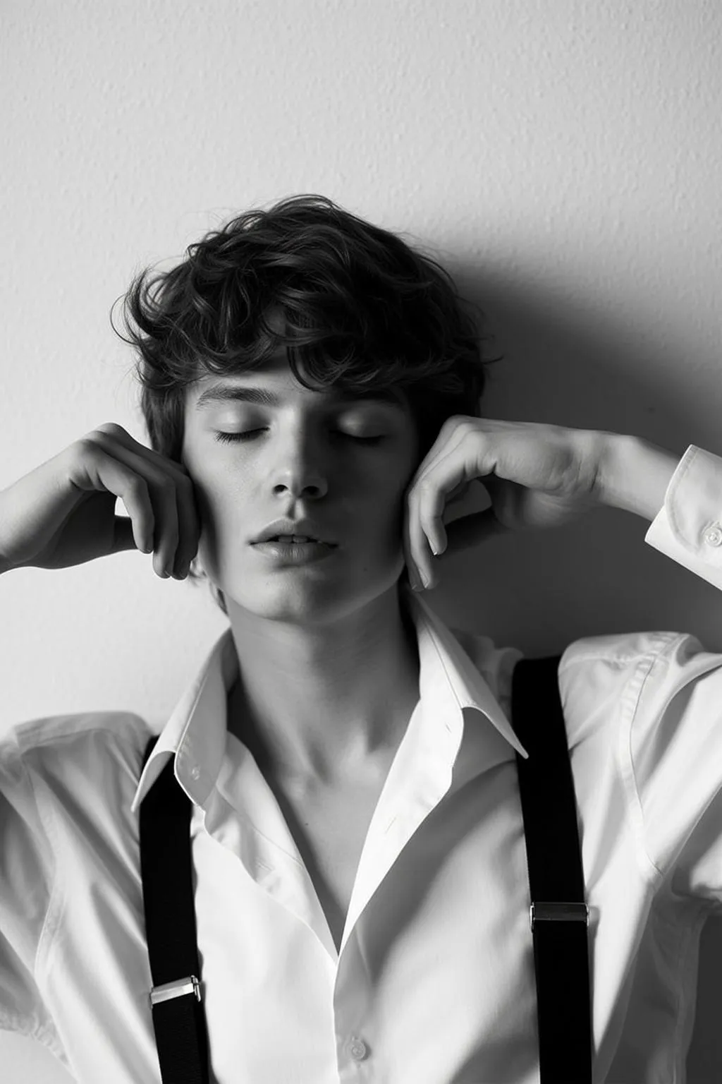 Black And White Medium Shot Portrait Young Man With Tousled