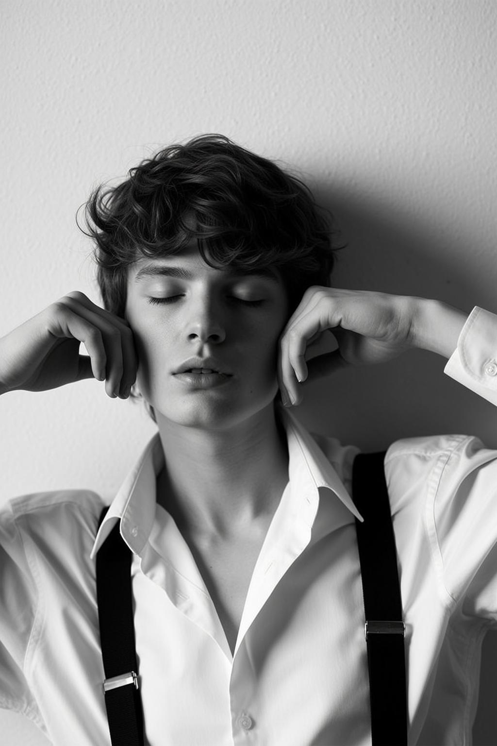 Black And White Medium Shot Portrait Young Man With Tousled