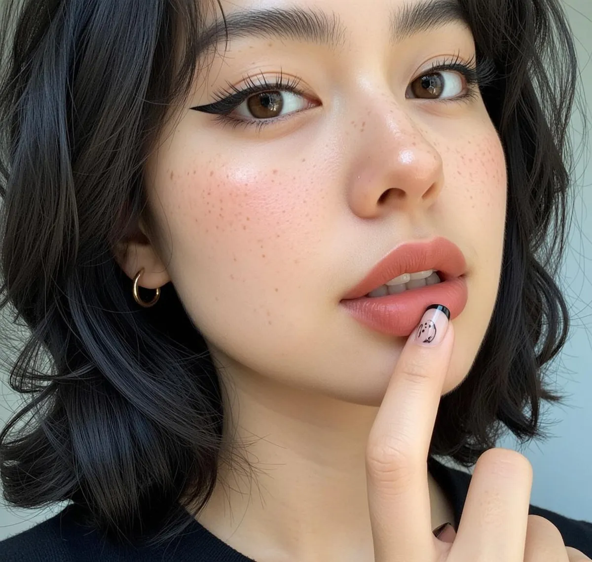 Makeup And Earrings With Black Top