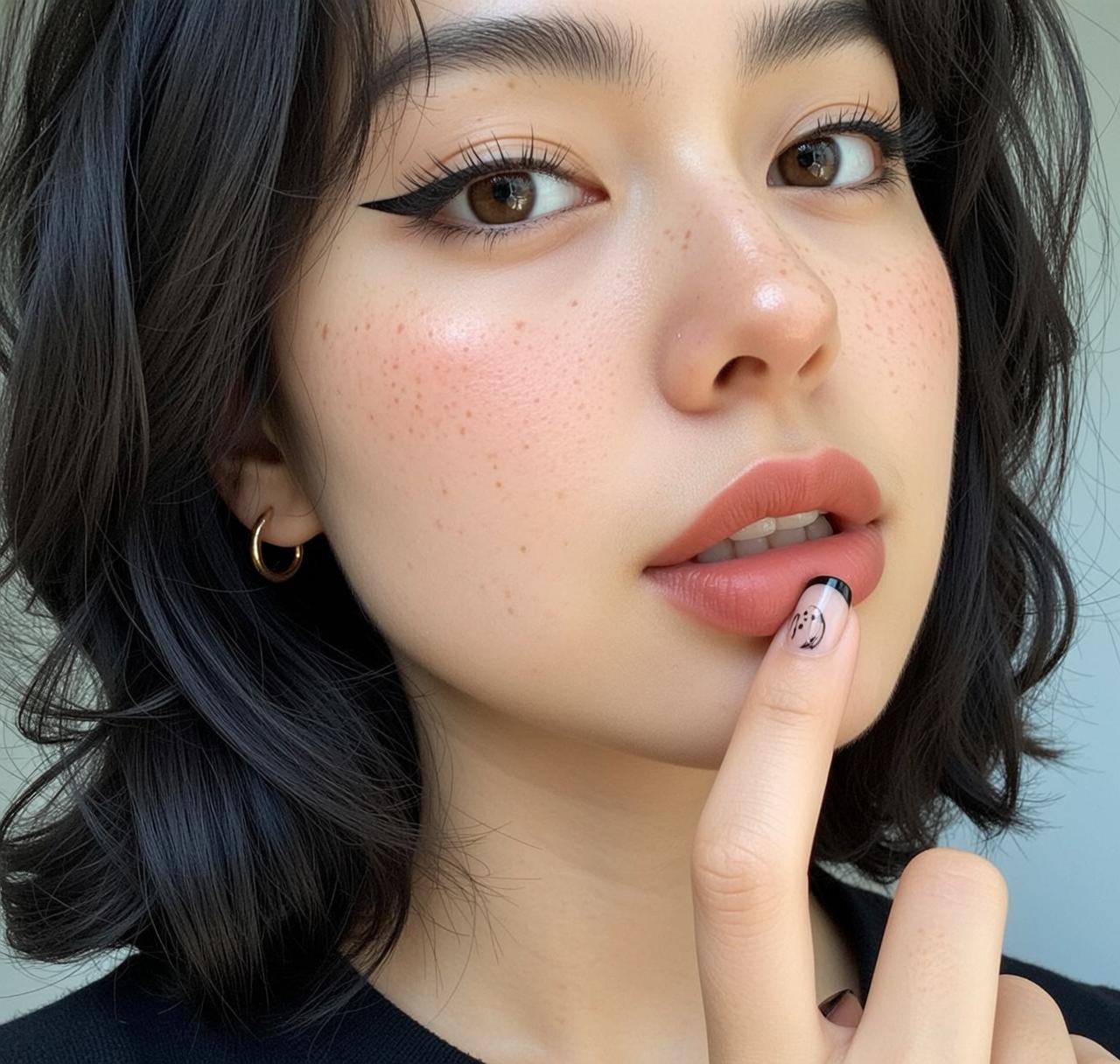 Freckled Woman Peachy Lips Winged Eyeliner
