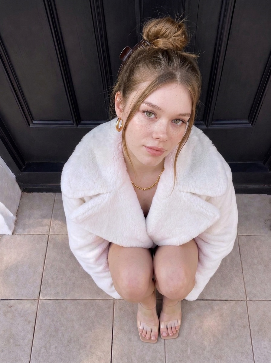 White Faux Fur Coat Crouching By Black Door