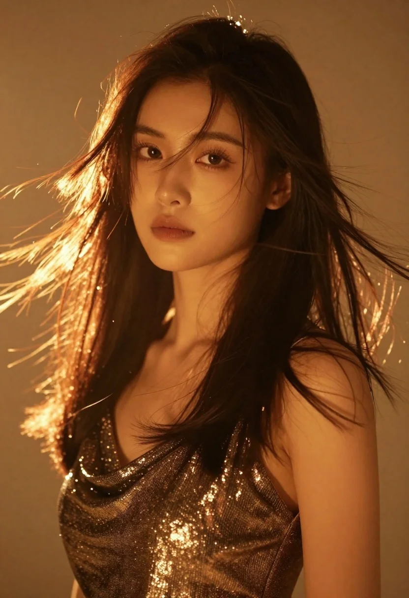 Cinematic Portrait Woman Bathed Intense Golden-orange Light Subject Attractive Young reference photo