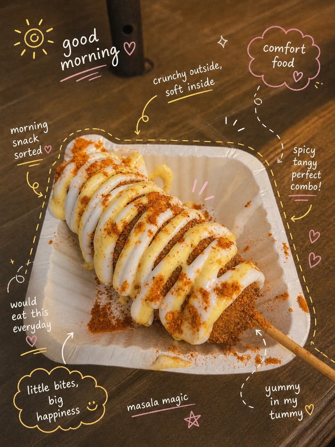 Spiral Potato Skewer Creamy Sauce Wooden Table