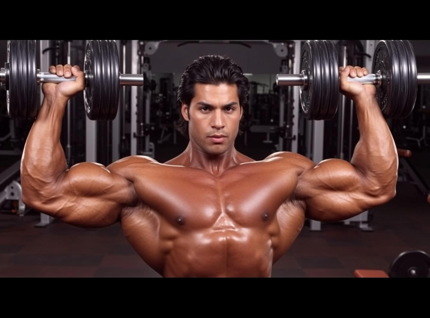 Muscular Black Medium Length Tan Holding Dumbbells