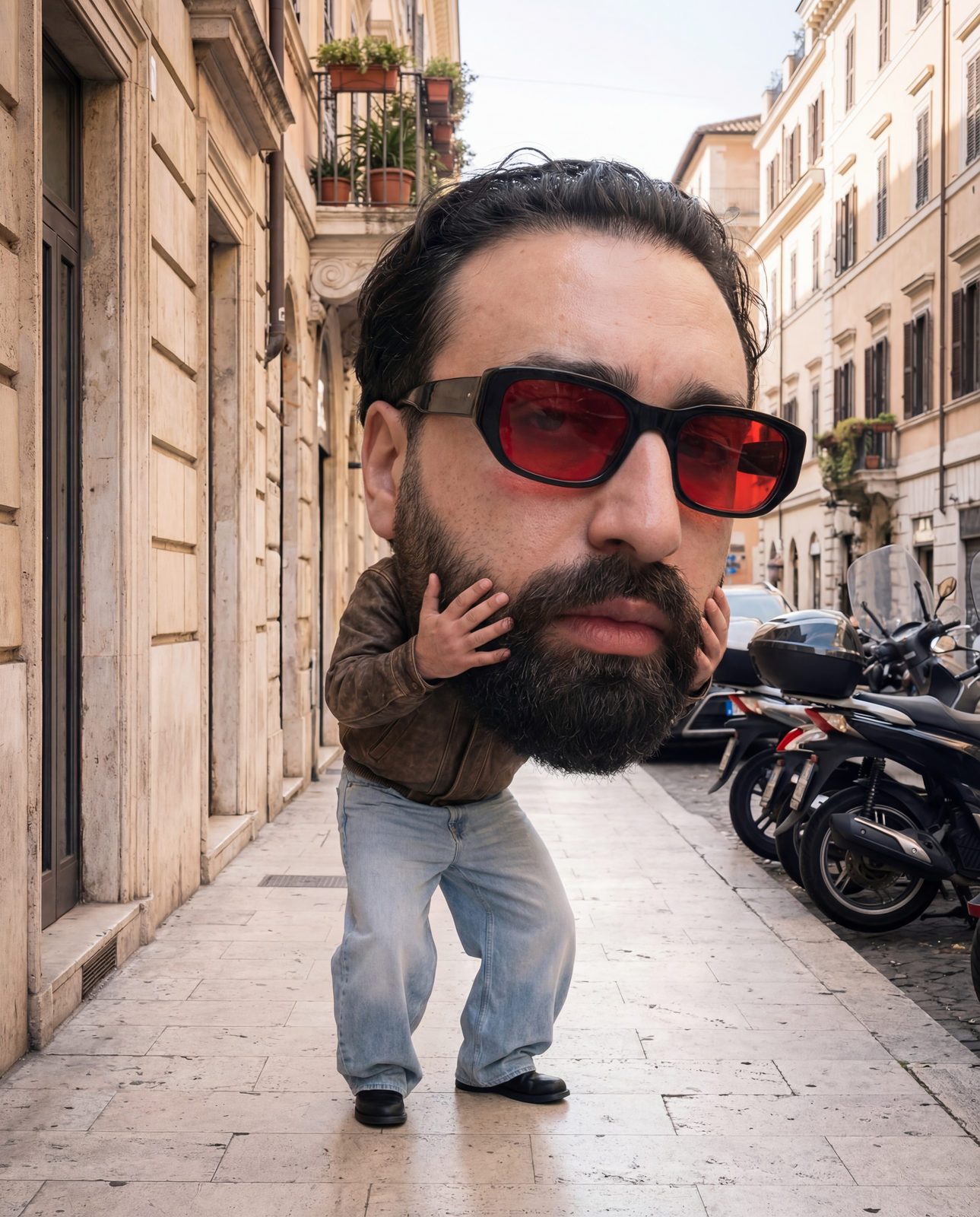 A surreal portrait of a user holding an oversized head, featuring intricate details like beard and glasses, alongside a small cartoonish body.