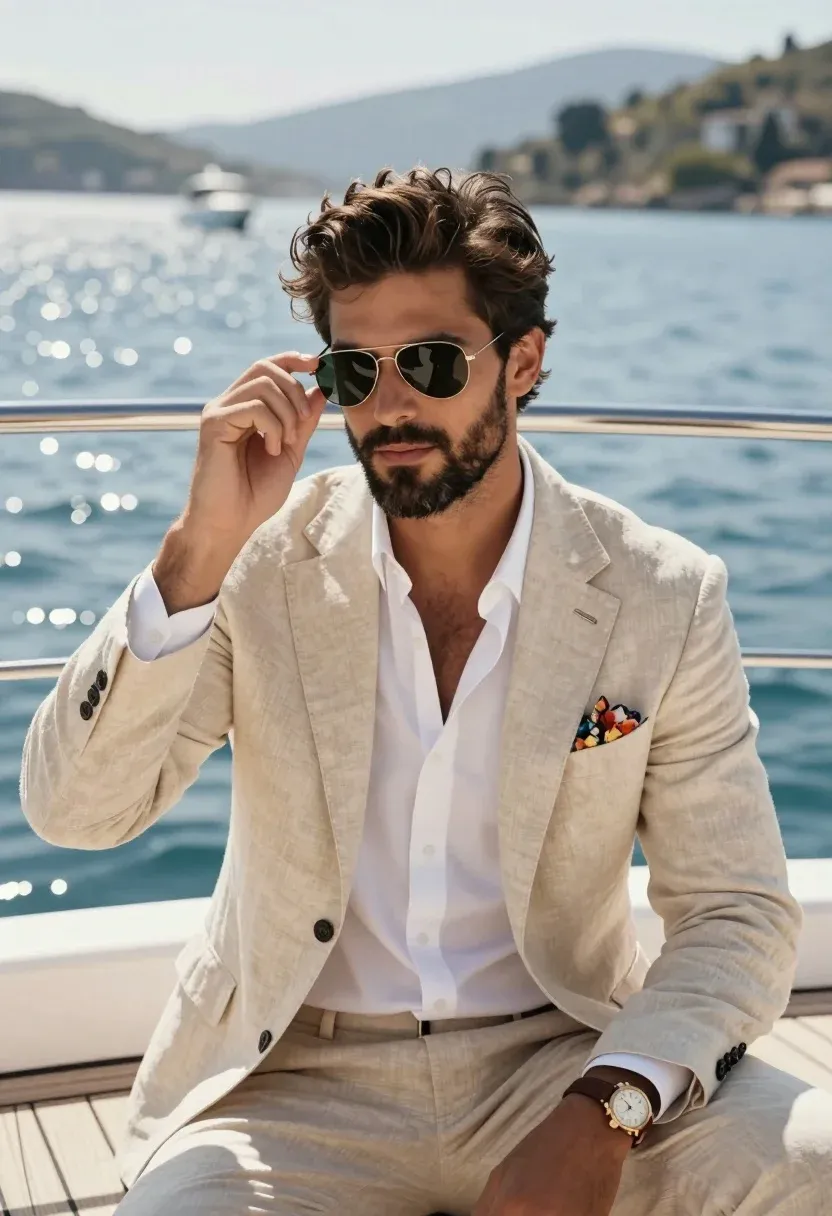 Stylish Man Sits The Deck Luxury Yacht With Calm Water