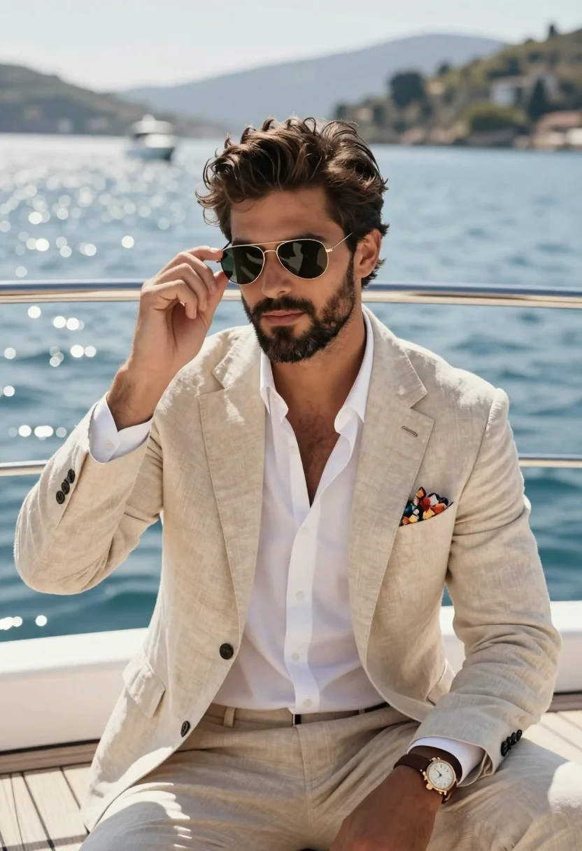 A stylish man sitting calmly on a luxury yacht deck with calm water and distant hills, captured in bright sunlight.