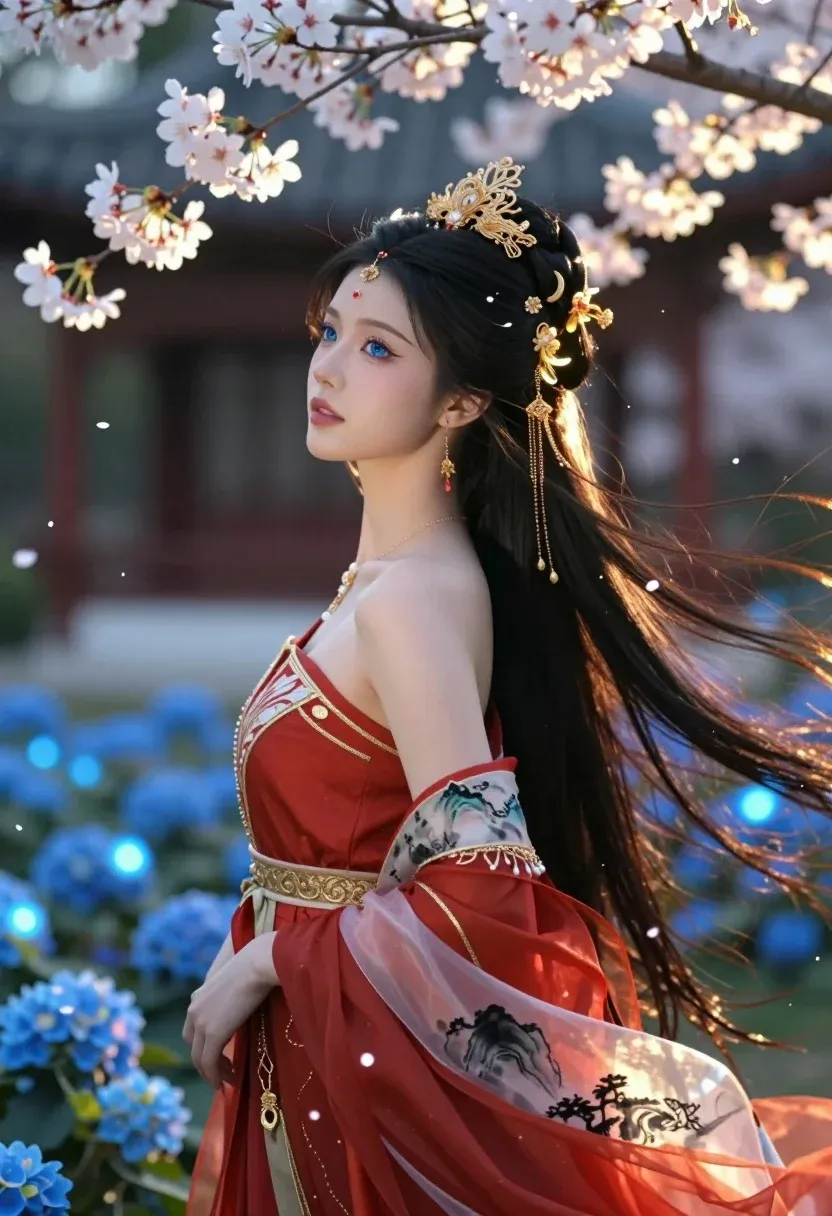Young Woman With Long Flowing Black Hair Stands Amidst Magical