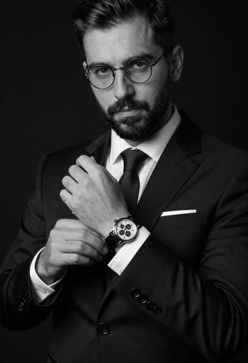 Monochrome Studio Portrait Confident Man Adjusting Elegant Chronograph Watch Against