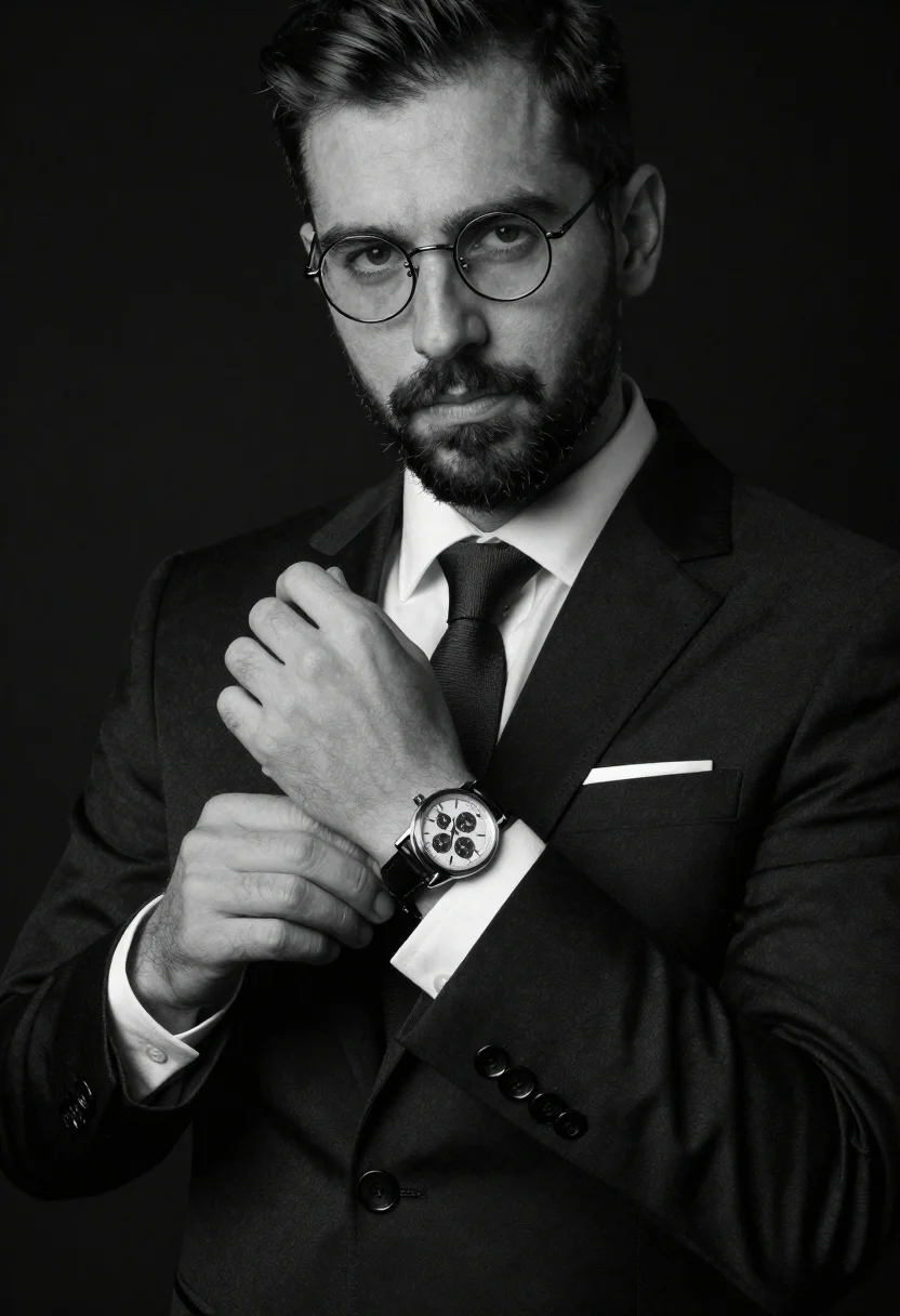 Monochrome Studio Portrait Confident Man Adjusting Elegant Chronograph Watch Against reference photo