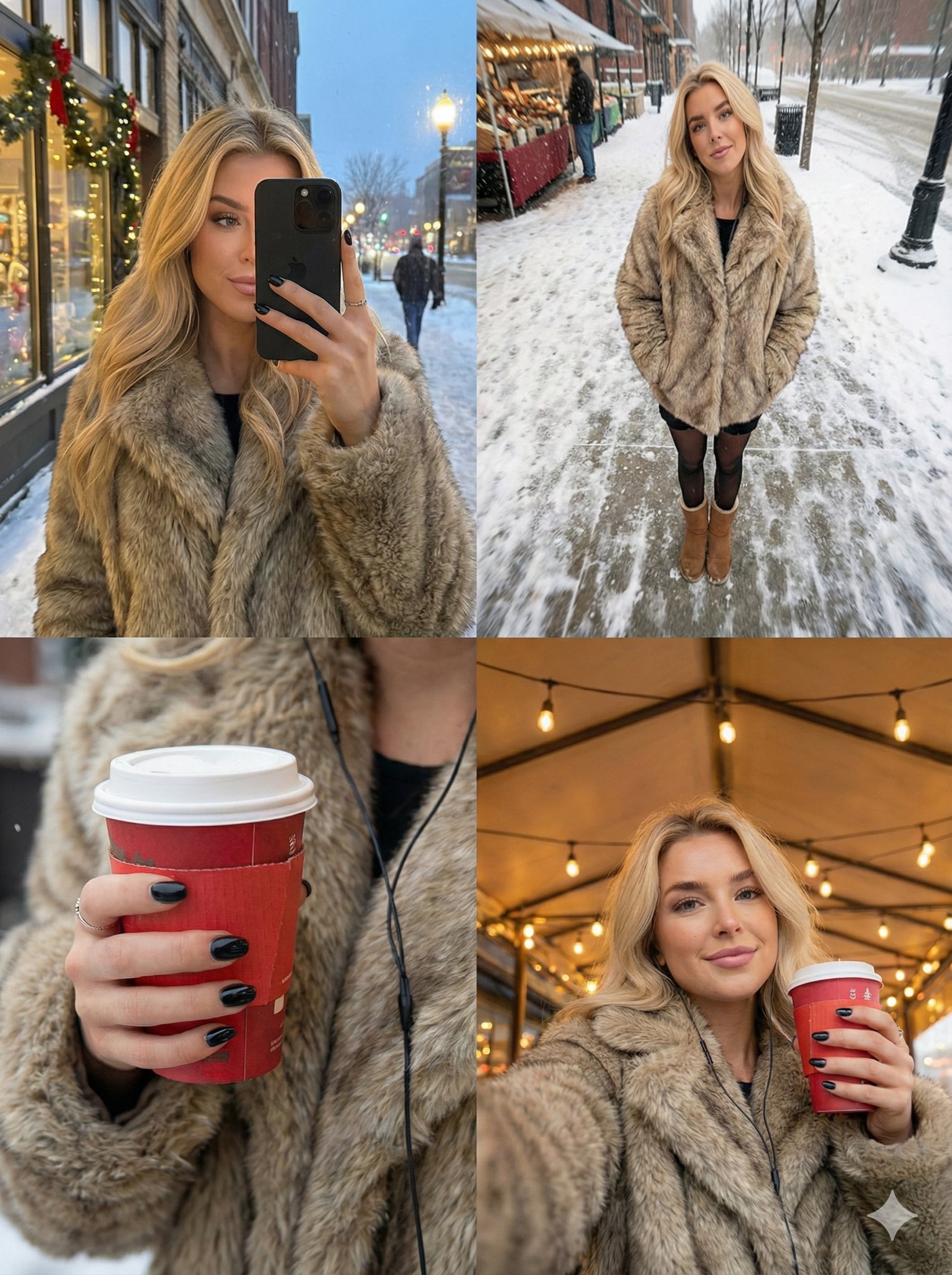 Cozy winter selfie with soft snowfall and reflective shop window lighting.