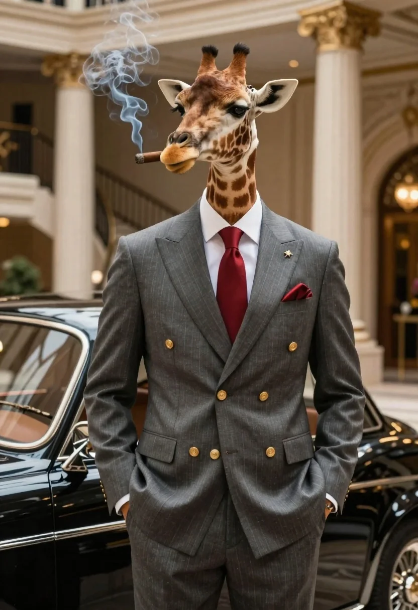 Elegant Anthropomorphic Giraffe Sharp Gray Pinstripe Double-breasted Suit With Gold reference photo
