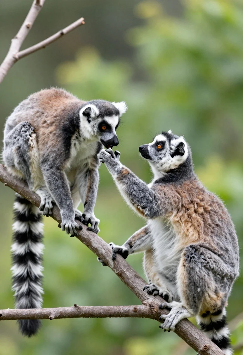 Two Ring-tailed Lemurs Interacting Tree Branch Against Soft Green Background