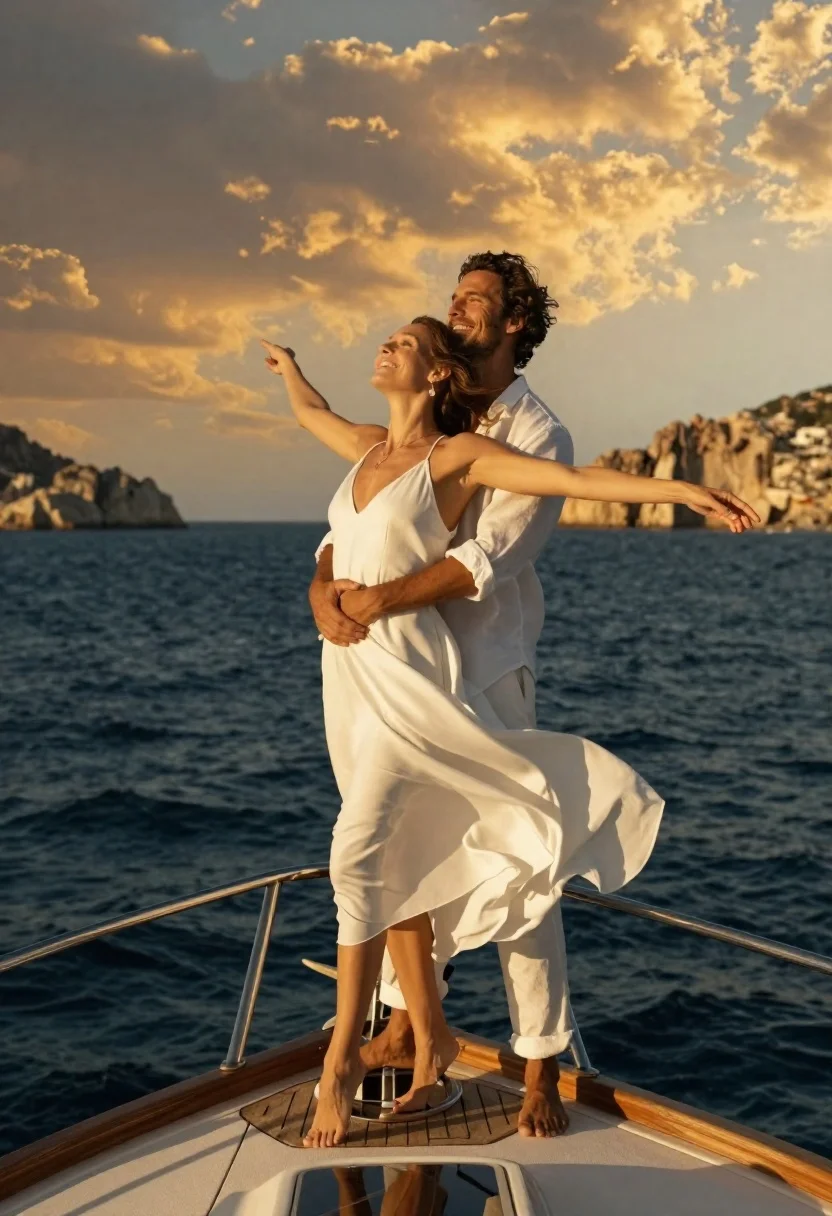 A romantic couple stands barefoot on the bow of a moving yacht during sunset, with warm sunlight creating a dreamy atmosphere.