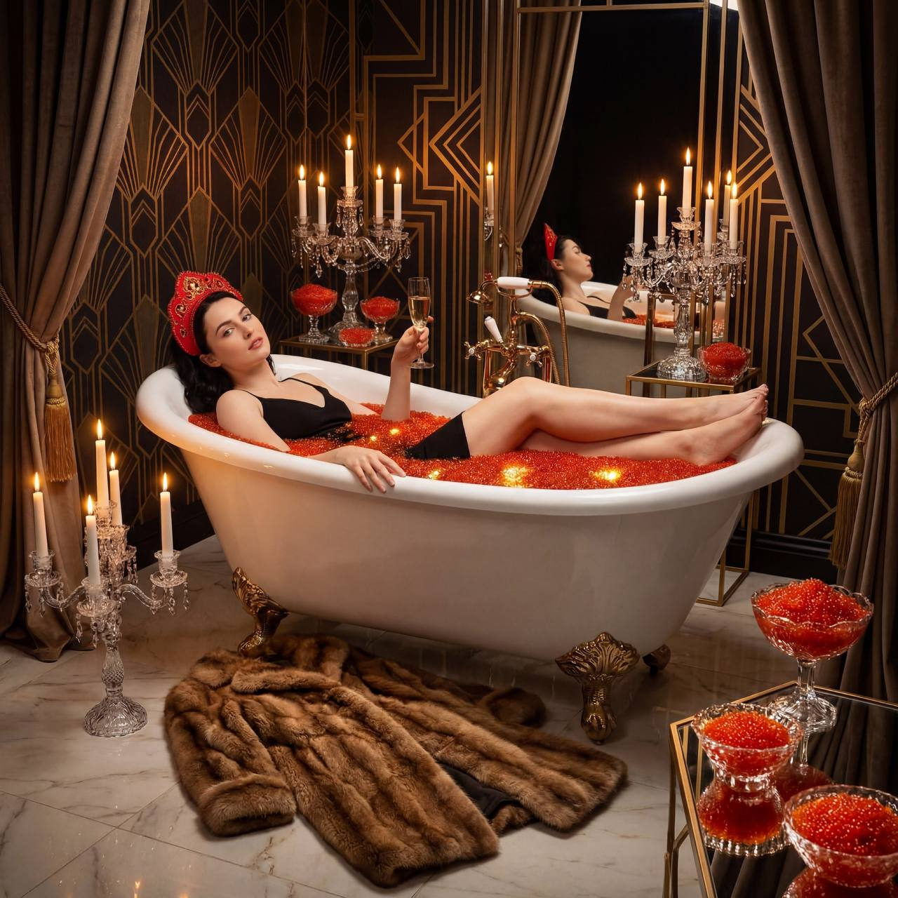 A luxurious art deco bathroom with a woman in a mini dress reclining in a bathtub filled with red caviar, champagne glass in hand, sable fur coat on the marble floor.