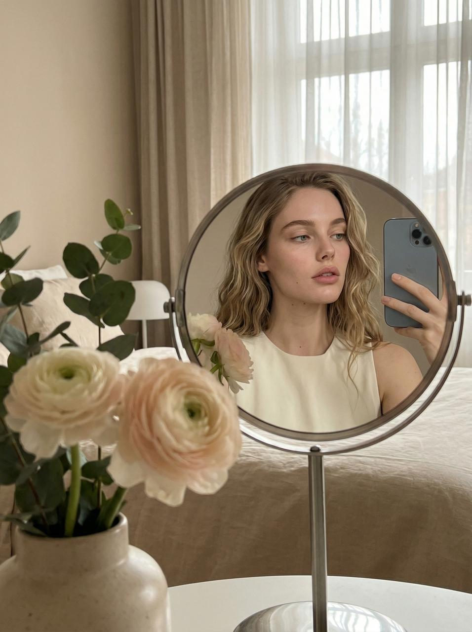 Soft lifestyle portrait of a person taking a mirror selfie in a warm-toned bedroom, with a bouquet of ranunculus blurred in the foreground.