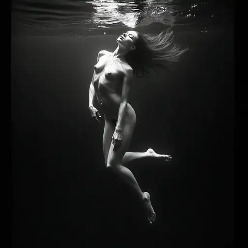 A graceful female figure suspended in dark water, illuminated by soft light, capturing serene beauty and fluid motion.