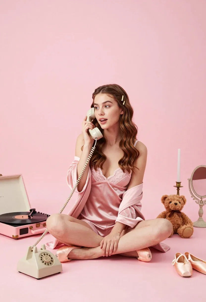 Young Woman With Long Wavy Brown Hair Sits Cross-legged Pink
