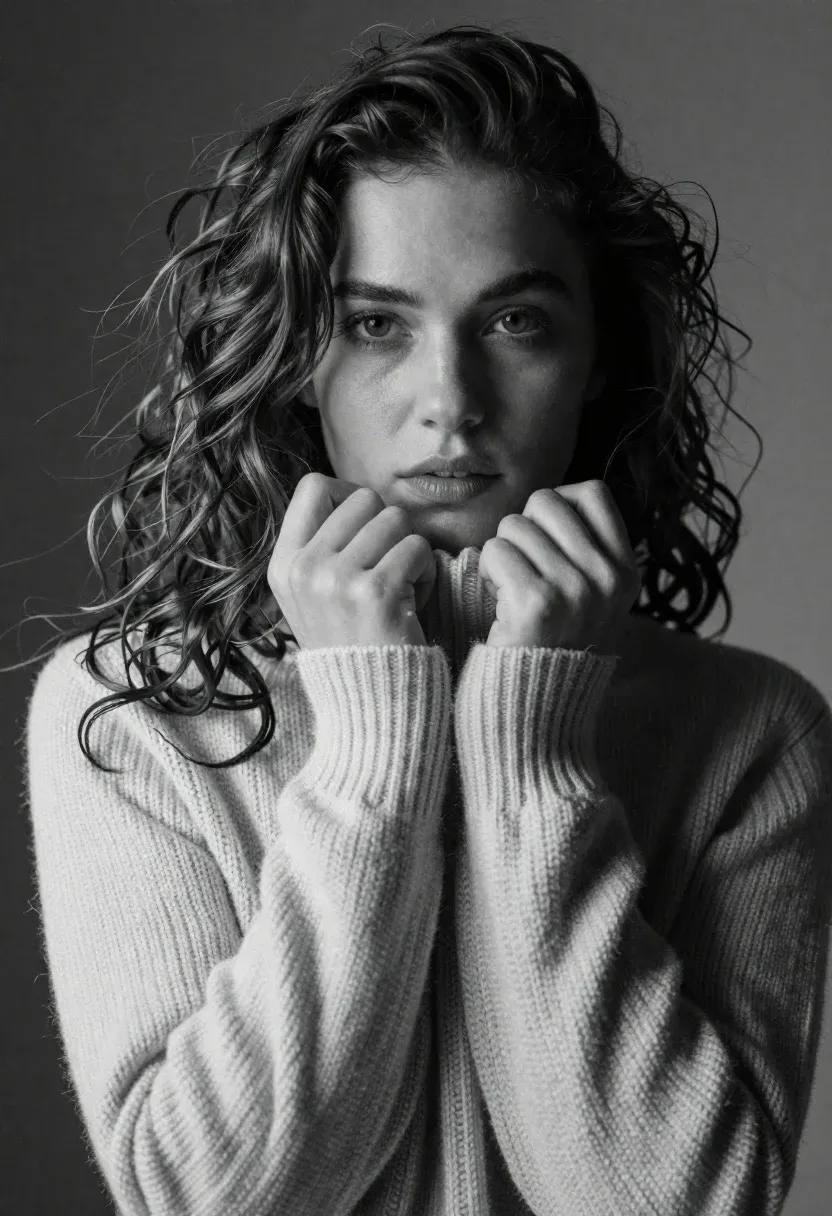 Black And White Cinematic Portrait Young Woman With Wavy Hair