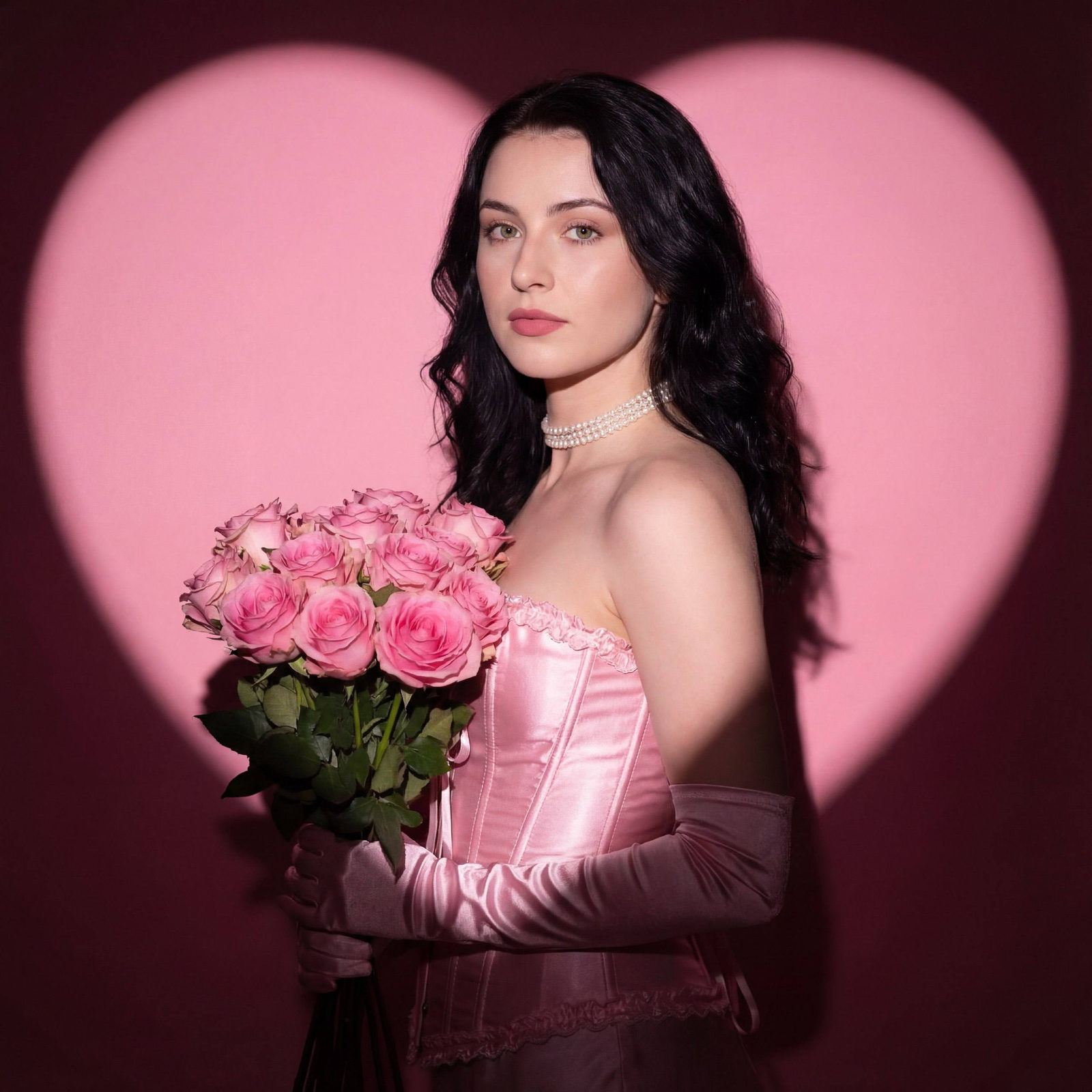 A woman in a pink corset and gloves, holding pink roses against a pink heart-shaped backdrop.