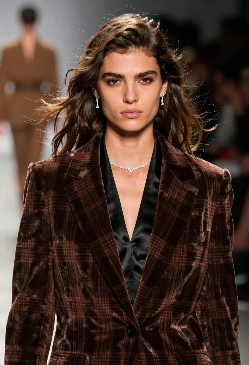 Portrait High-fashion Model With Windswept Brown Hair And Confident Gaze reference photo