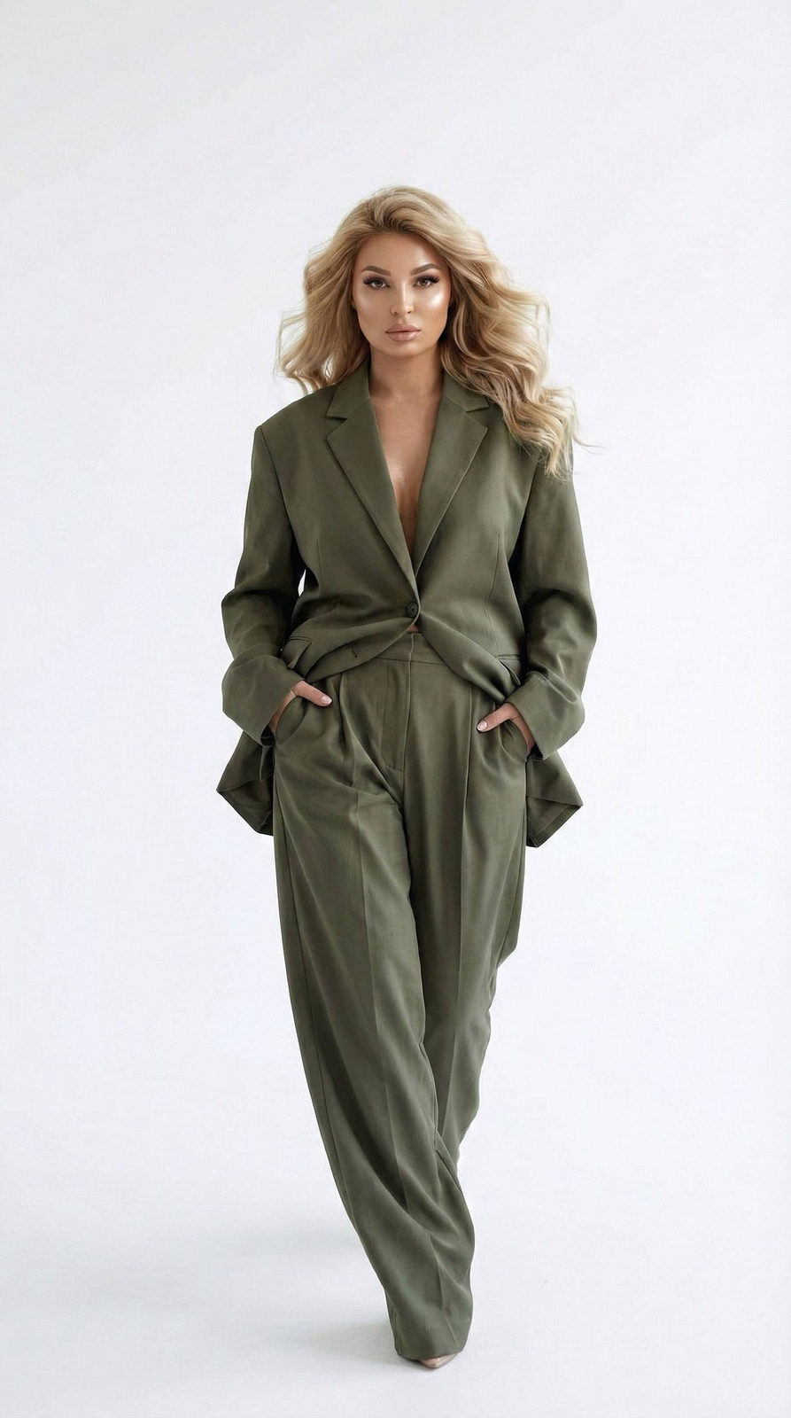 A girl in an olive silk suit mid-stride in a studio, with a confident gaze and voluminous hair, hands in pockets.