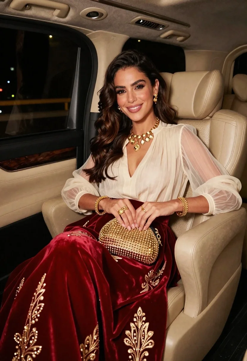 Glamorous Woman Sits The Back Seat Luxury Car Night Subject reference photo