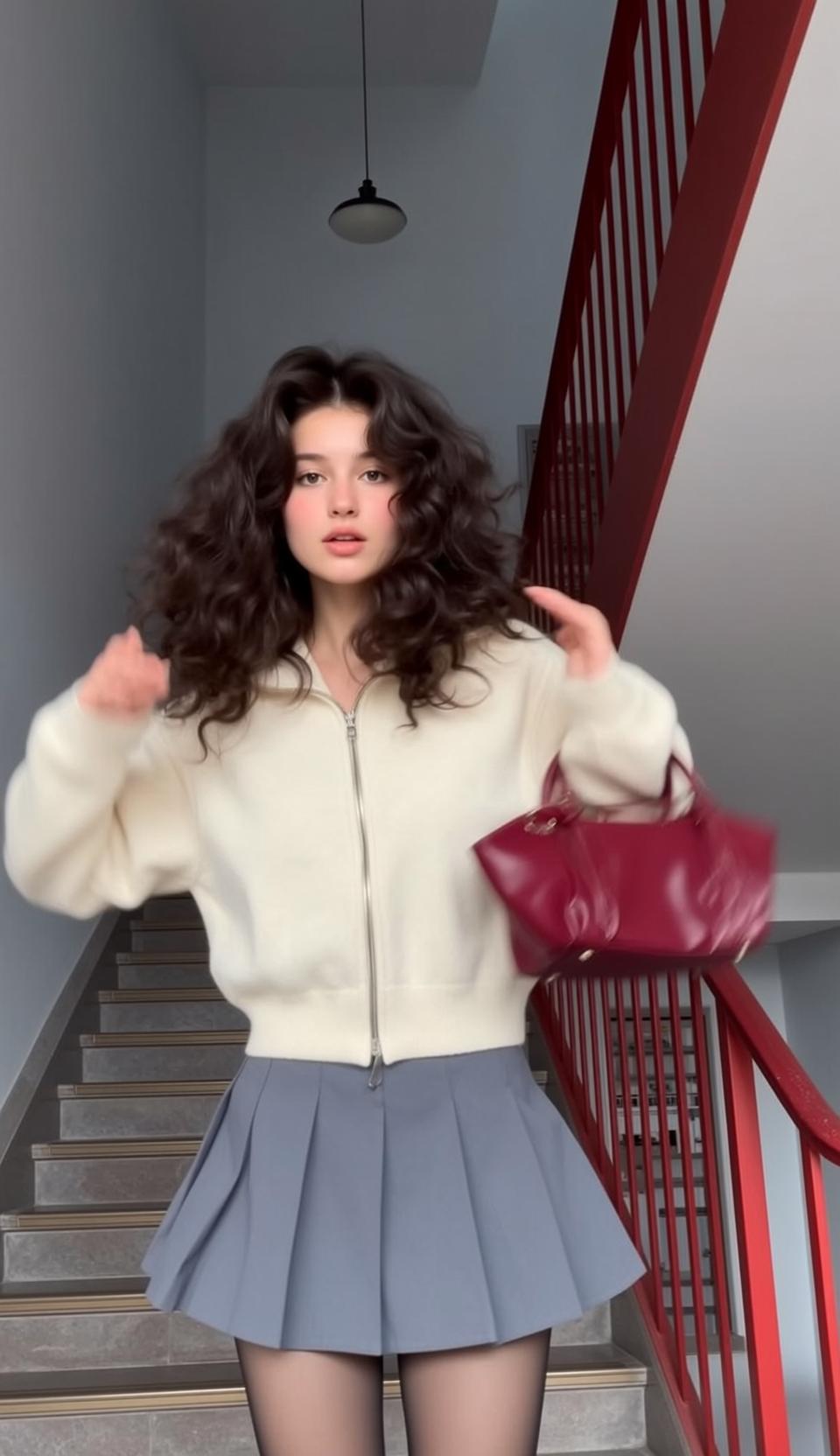 Young Woman White Hoodie Blue Skirt Red Handbag Staircase