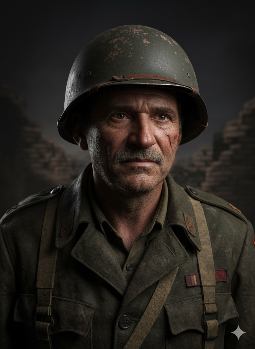 Close-up portrait of a man wearing a soldier's helmet, showcasing battle-worn features and dramatic expression under harsh lighting.