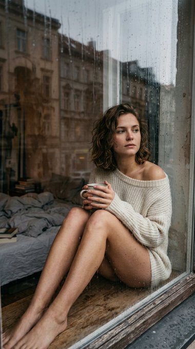 A woman in an oversized knit sweater gazing through a rain-covered window, capturing a moody, introspective vibe.