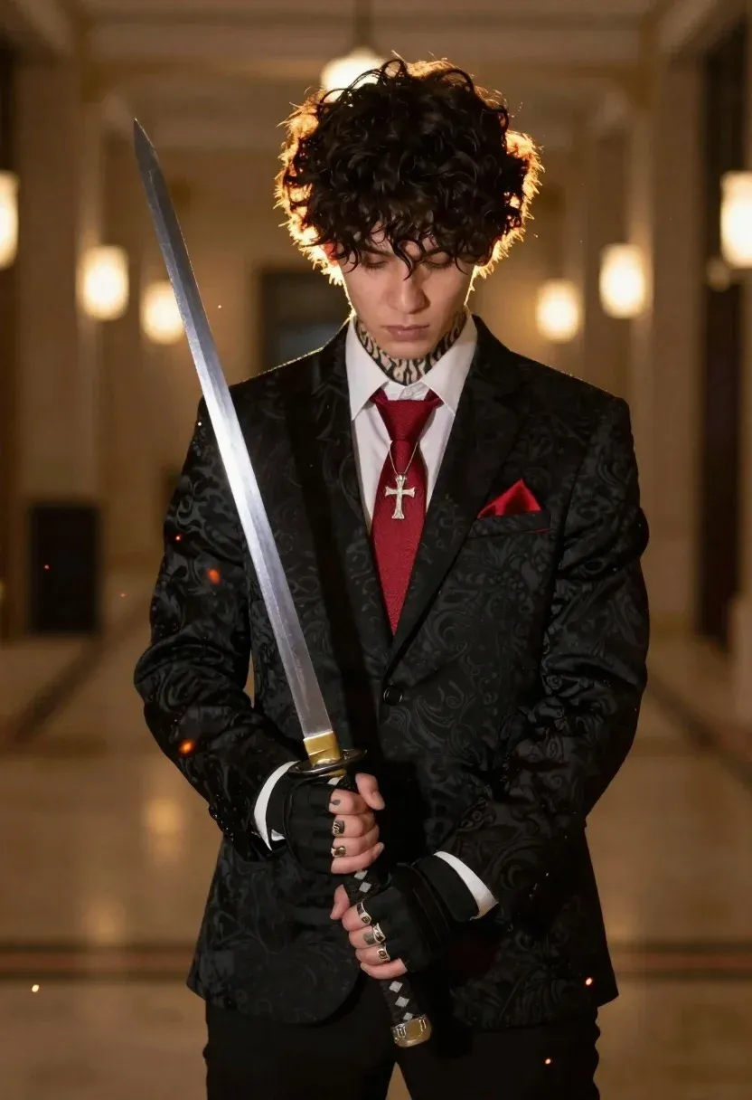 Young Man With Dark Curly Hair And Visible Tattoos His