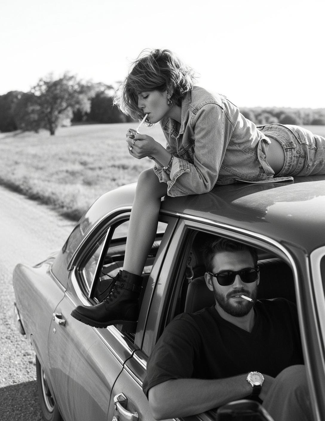 Denim Jacket Car Roof Cigarette
