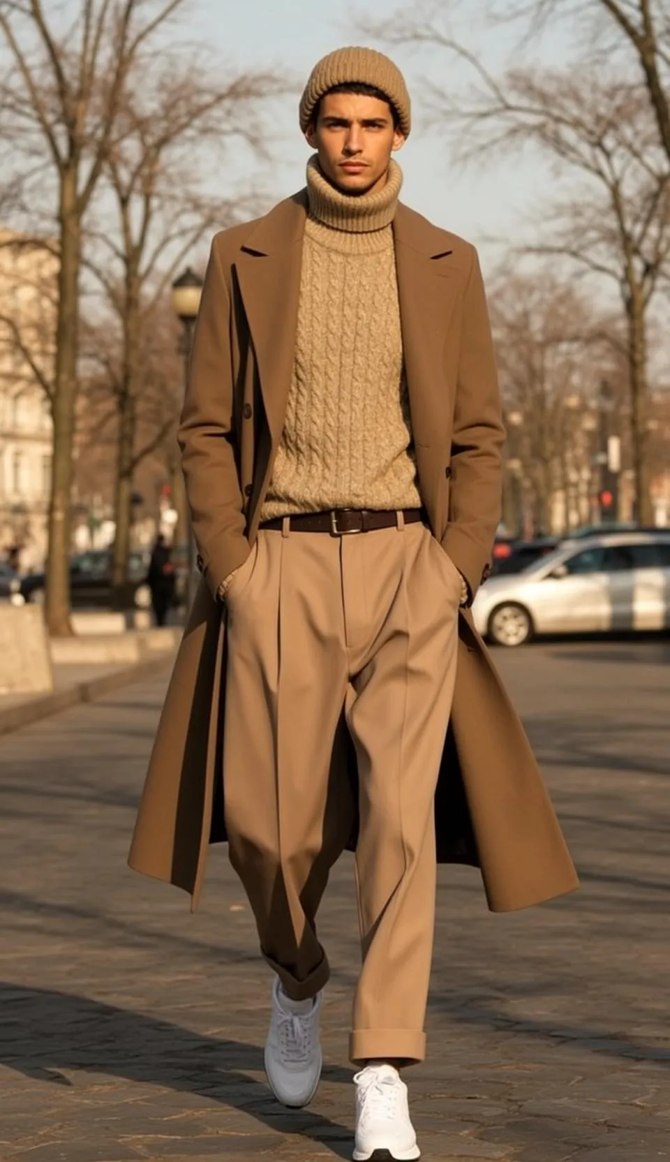 World Stands Facing His Hands Pockets Camel-colored