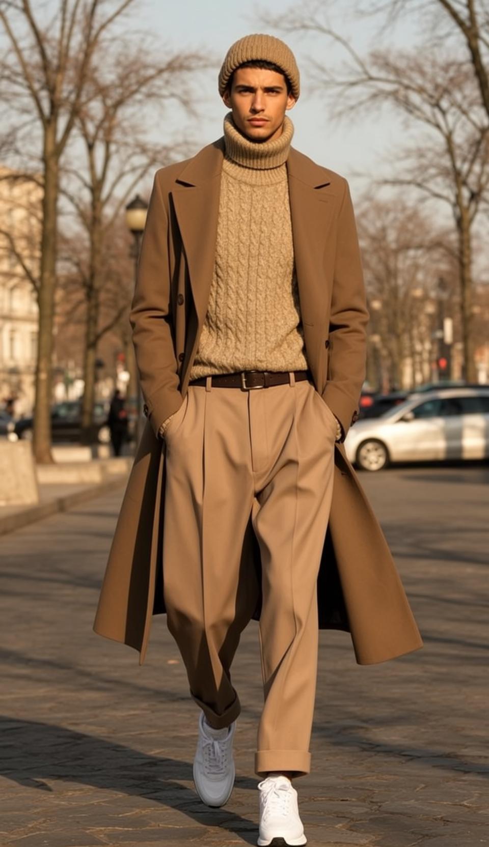 World Stands Facing His Hands Pockets Camel-colored