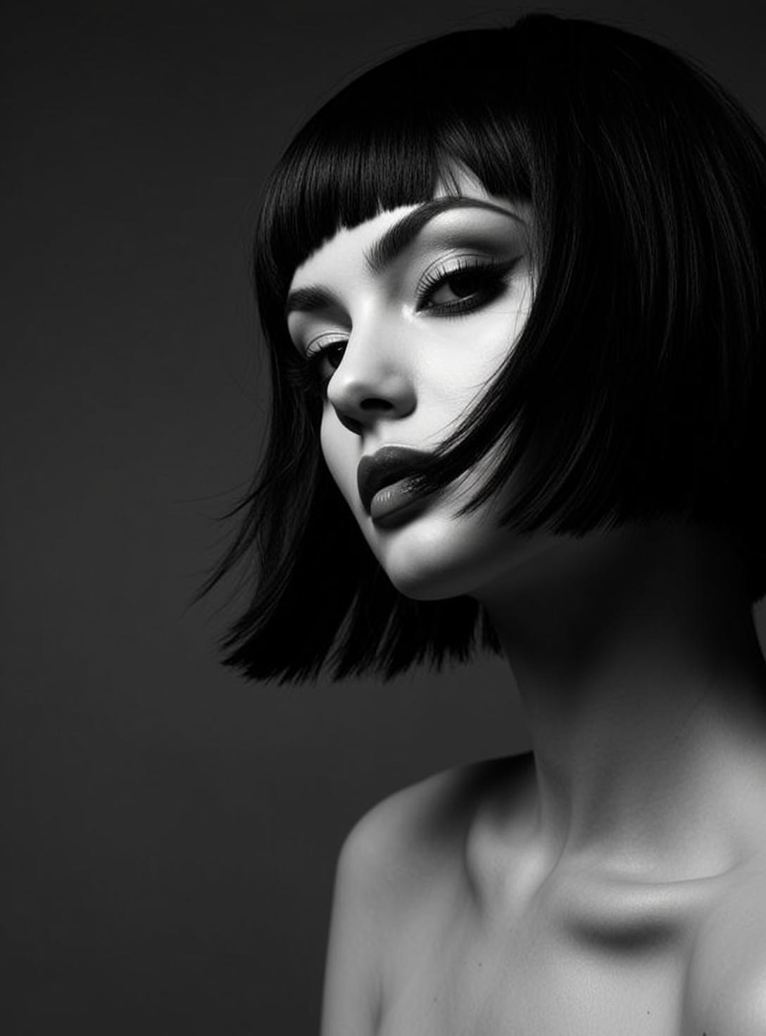 Black And White Medium Shot Portrait Young Woman With Striking
