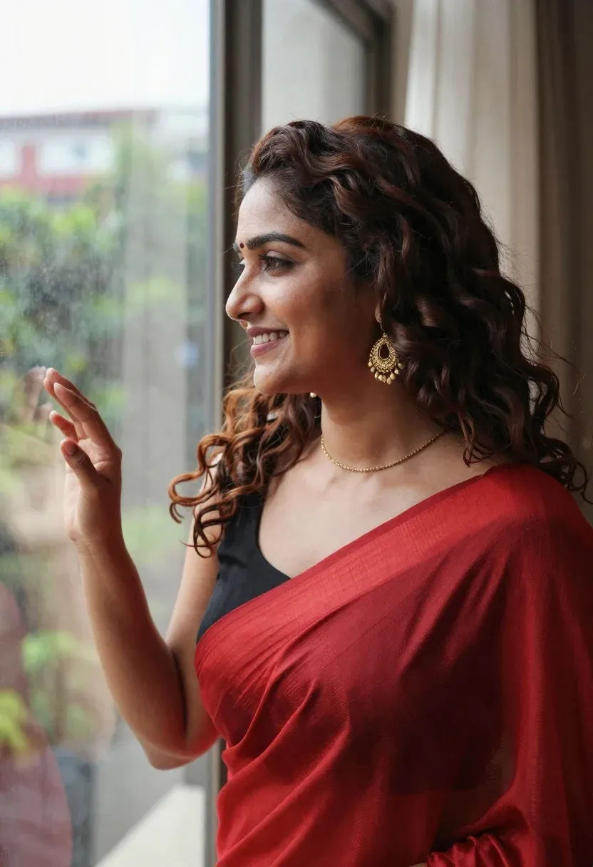 Smiling Woman With Wavy Brown Hair Stands Profile Looking Out