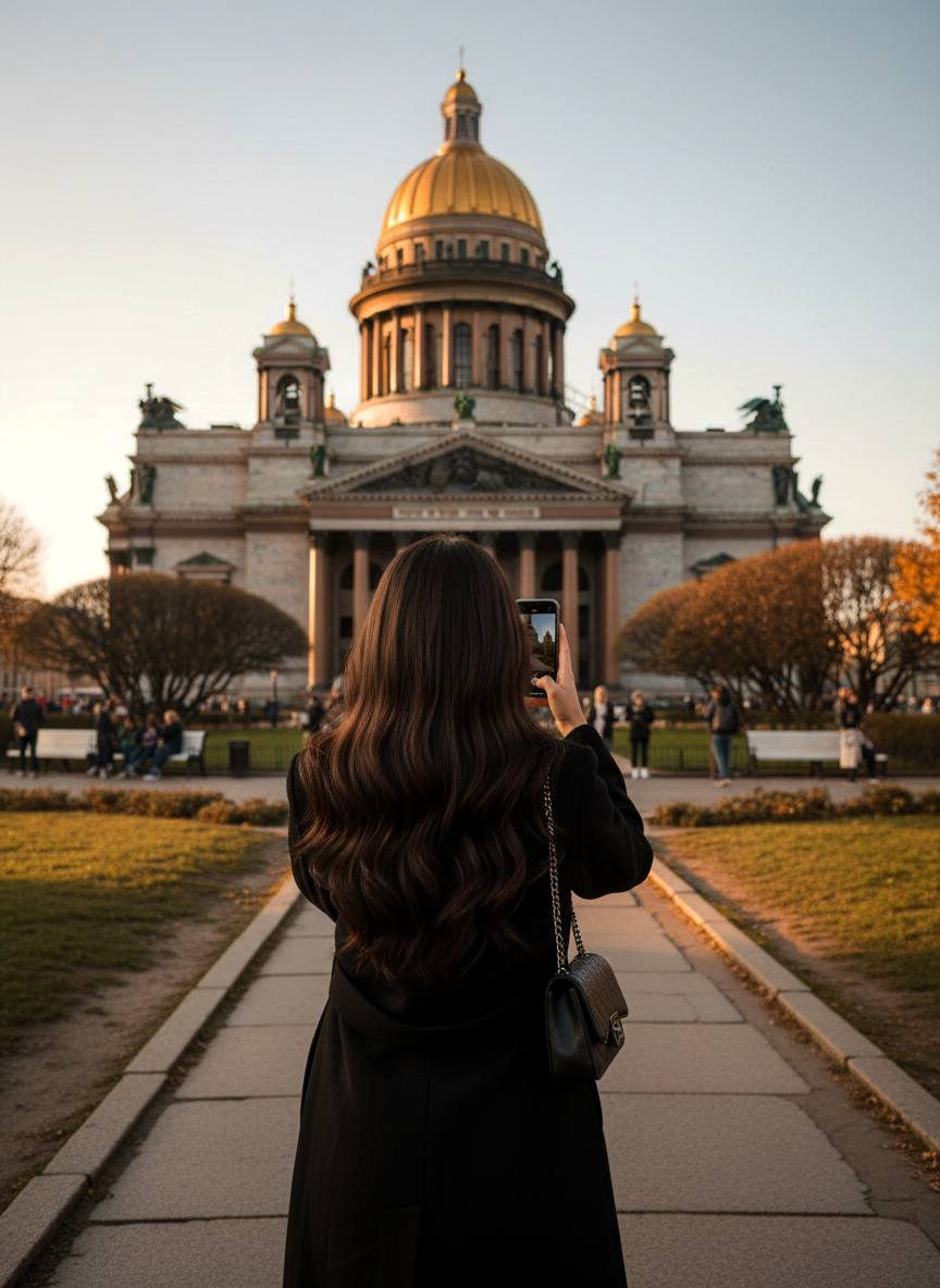 A person with long waves of hair standing on a path, capturing St. Isaac's Cathedral's golden domes in warm sunlight.