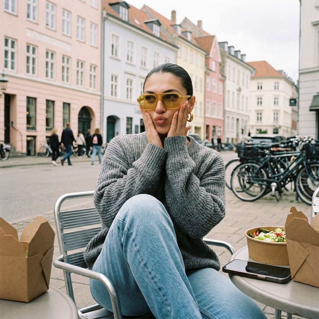 A woman with slicked-back hair wearing yellow sunglasses, sitting at a cafe table in a European city with historic pastel buildings behind her.
