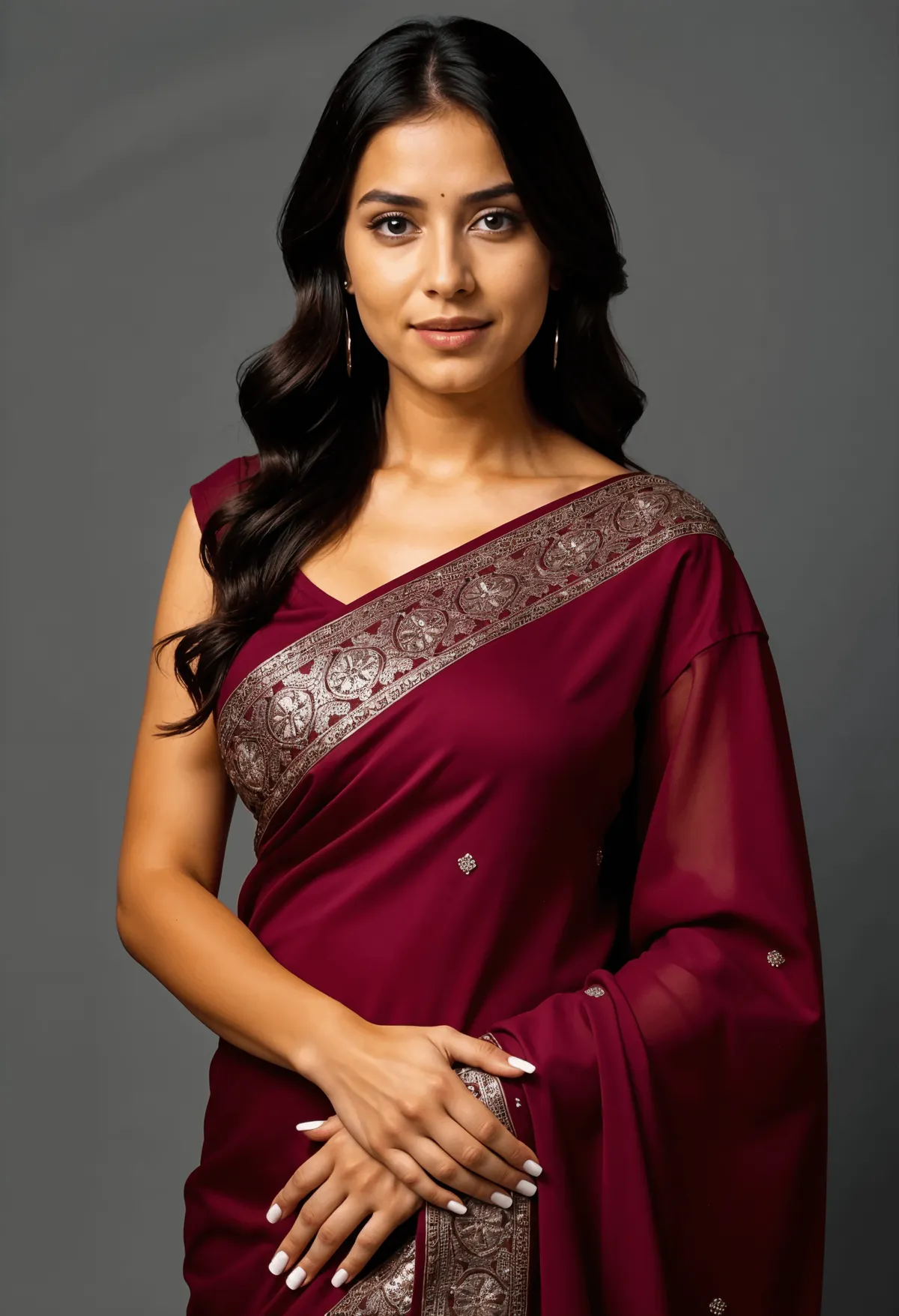 Earrings And Manicure With Deep Maroon Colored Saree