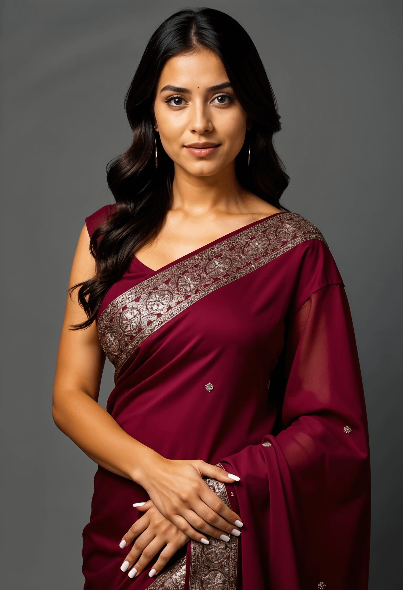 Deep Maroon Colored Saree Made Smooth In Frame