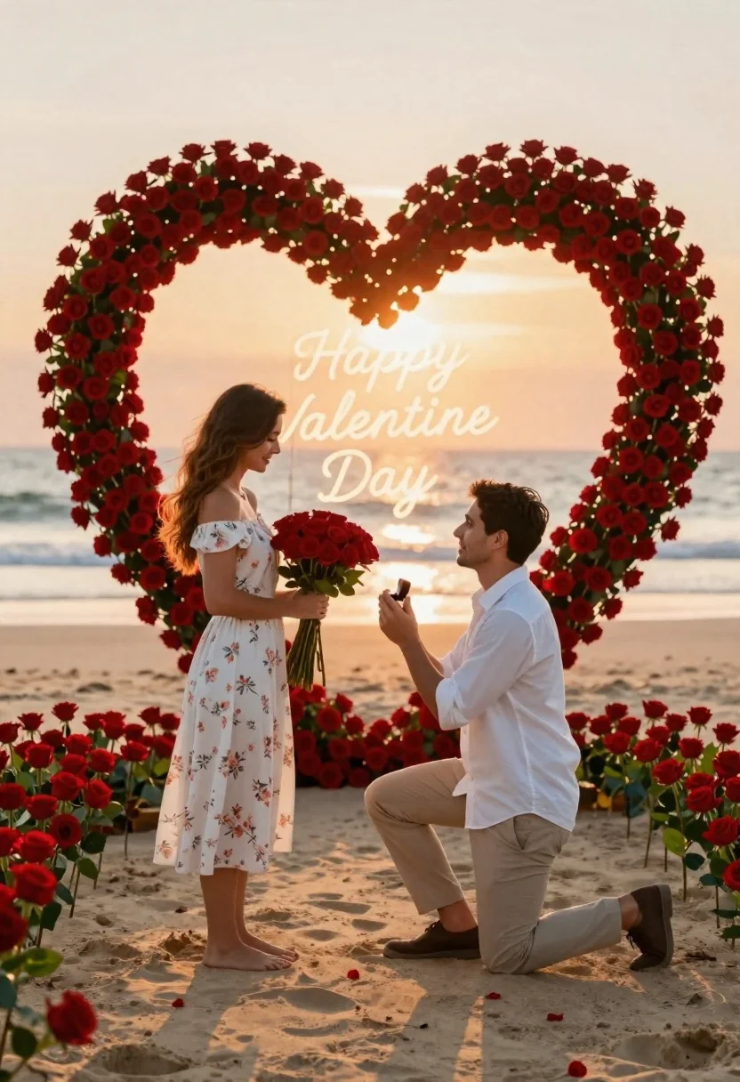 A man kneeling on a sandy beach at sunset, proposing to a woman in front of a large heart-shaped arch made of red roses.