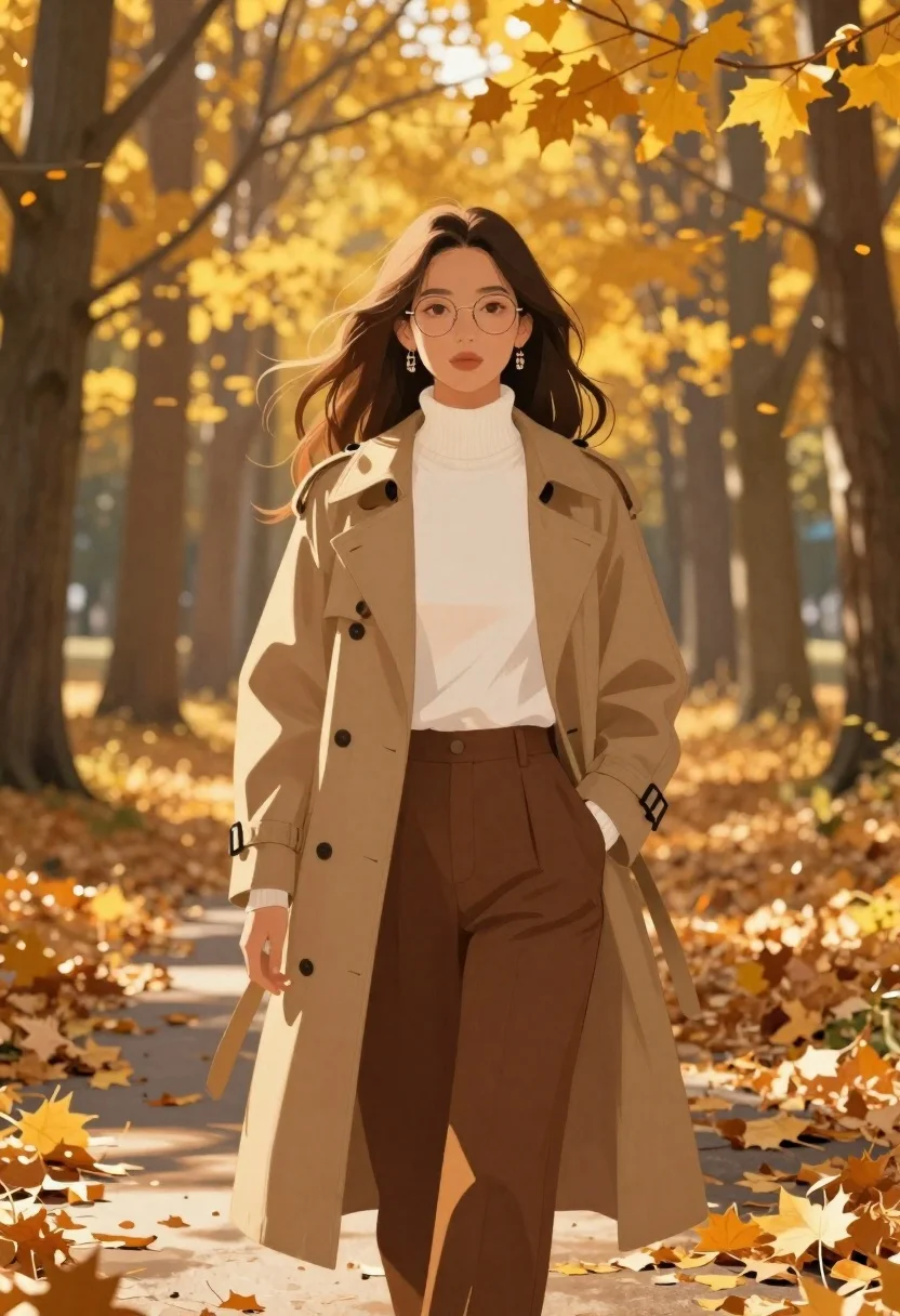 Digital Illustration Stylish Woman Standing Autumn Forest With Golden Sunlight reference photo