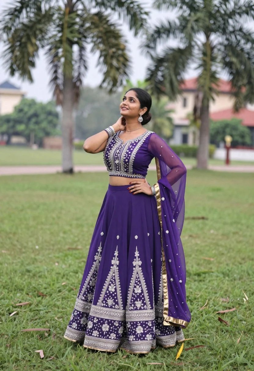 Woman Stands Relaxed Pose Lush Green Lawn Wearing Elegant Purple reference photo