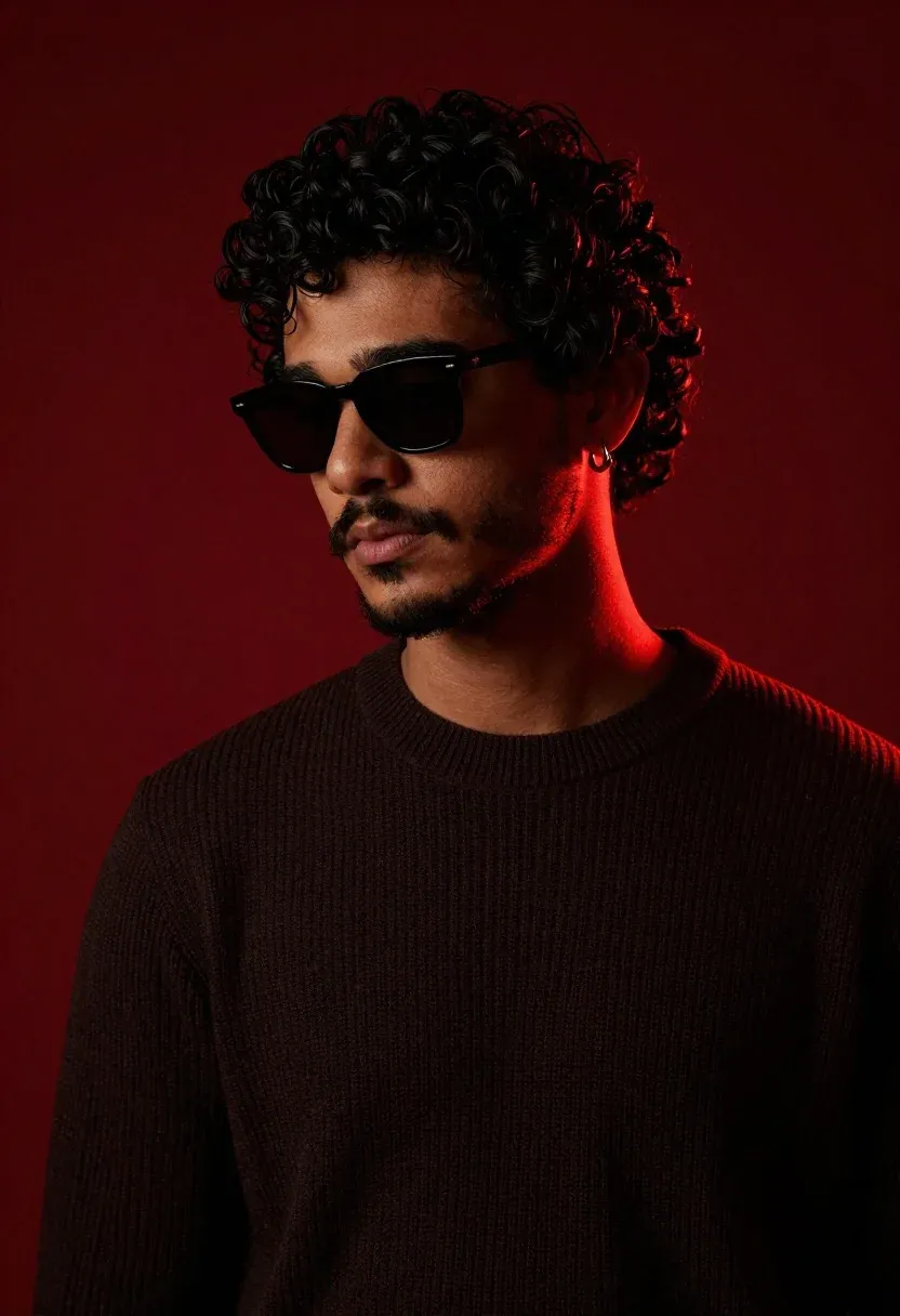 Moody Portrait Young Man With Dark Curly Hair And Beard