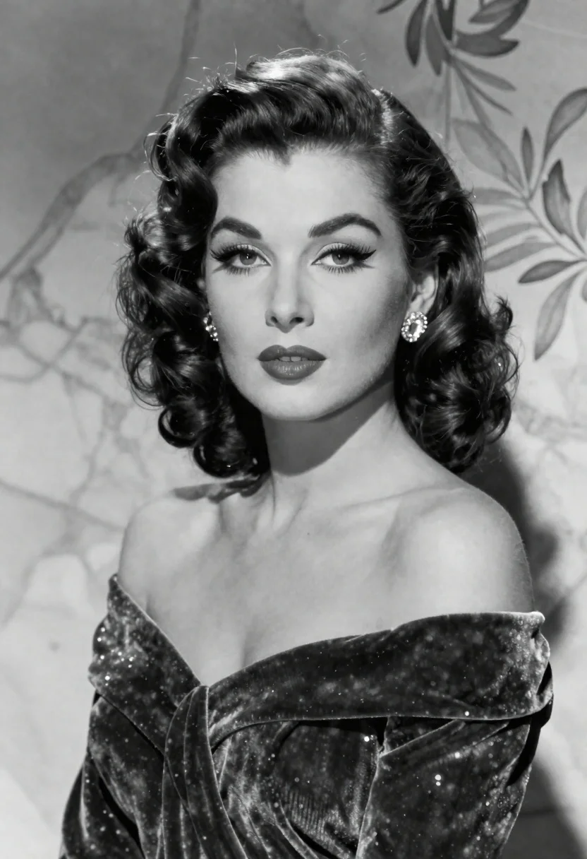 Black-and-white Studio Portrait Glamorous Woman With Voluminous Dark Hair Styled reference photo