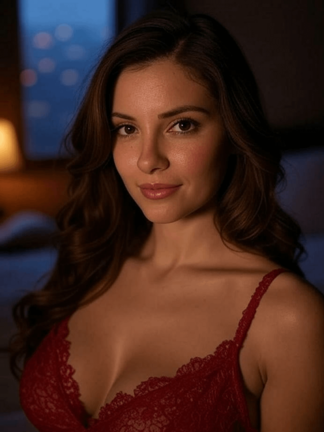 Deep Red Lace Bralette City Night Bokeh Lights