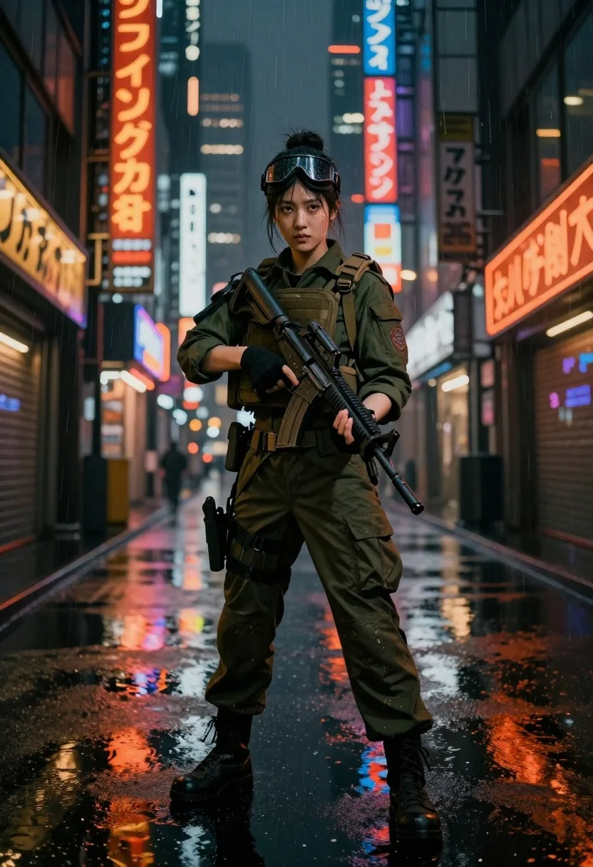 Subject Female Soldier With Dark Hair Tied Bun And Wearing reference photo