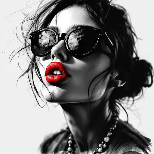 A woman blowing a kiss, hair tied back, wearing dark sunglasses and bright red lipstick, in a charcoal sketch style.