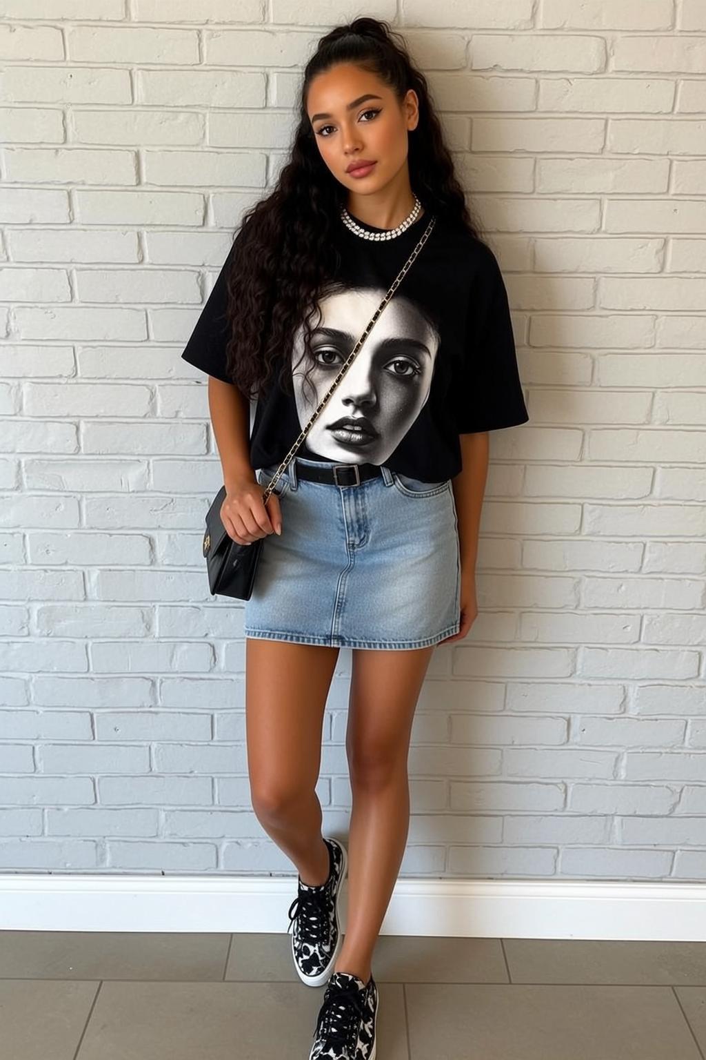 Graphic Tee Denim Skirt Portrait