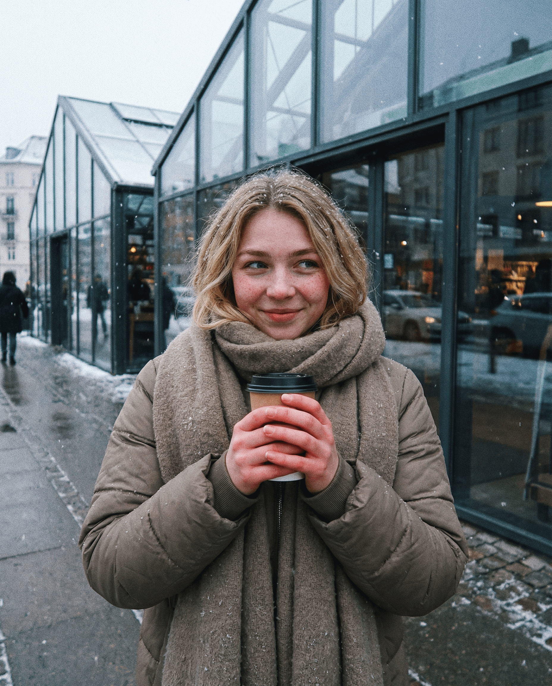 Muted Olive Brown Puffer Jacket And Thick On Snowy City